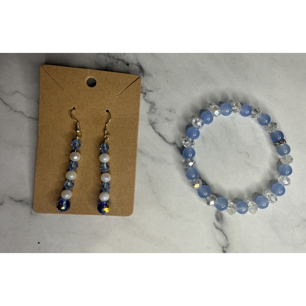 handmade‎ beaded earrings and bracelets set blue and clear beads